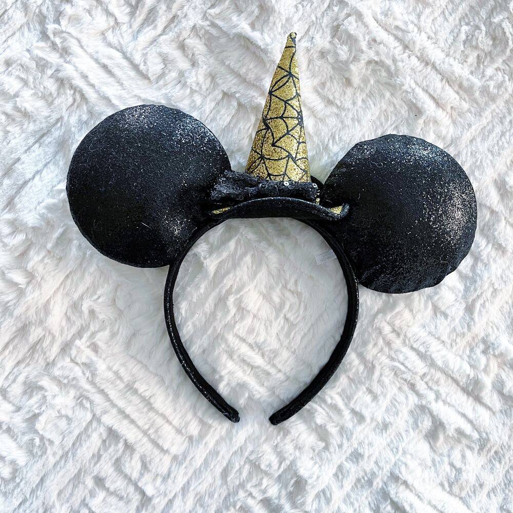 Disney Halloween Witch Minnie Mouse Ears Black Gold Glitter Headband Spooky Cute